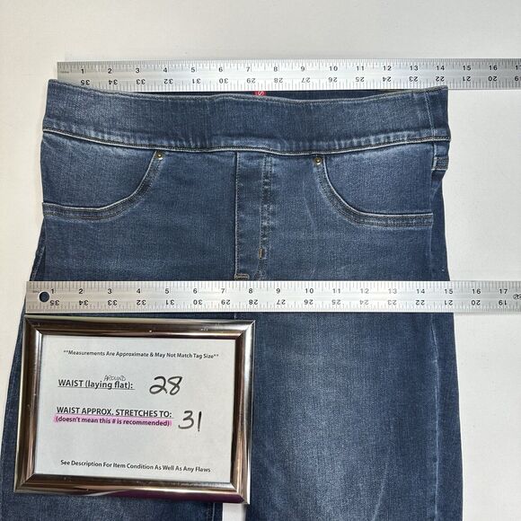 Spanx Jeans Women Medium Ankle Skinny Blue Pull On Stretch Denim Distressed Fray - Picture 7 of 14